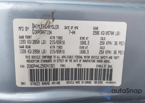 2005 Dodge Grand Caravan Sxt z USA, uszkodzony, nr VIN 2D8GP44L25R241921